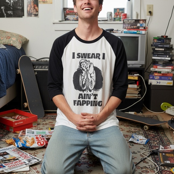 Tultex “I Swear I Ain’t Fapping” Graphic Raglan White/Black - Picture 2 of 7